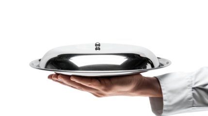 Waiter holding covered silver platter on transparent background