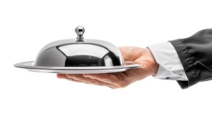 Waiter holding covered silver platter on transparent background