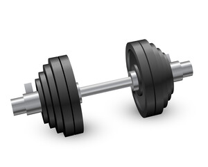 Beautiful realistic perspective view fitness image of black iron loadable dumbbell on transparent background.