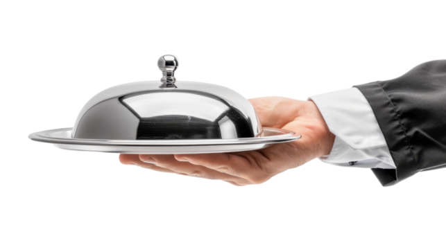 Waiter holding covered silver platter on transparent background