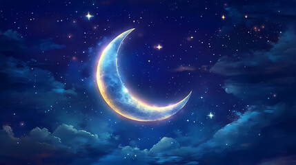 Crescent moon and stars: a celestial night. Astral Luster. Illustration