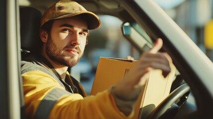 Showing hand gesture, everything is fine, will be done. The delivery man or a loader is in the car with box