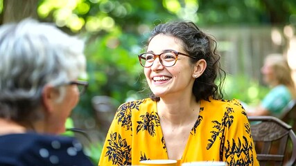A lively garden gathering featuring heartfelt conversations among friends of all ages.