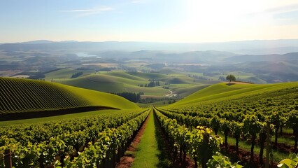 Scenic vineyard landscape with lush green hills and rows of vines under bright sunlight.   