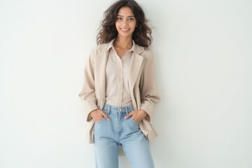 Half-Length (Waist-Up) portrait of young stylish smiling Indian female model in preppy wear isolated on pure white background looking at camera