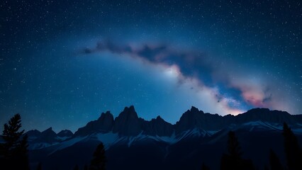 Stunning night sky over majestic mountains with stars and a galaxy visible, creating a serene and tranquil atmosphere.   