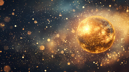 Golden celestial orb a cosmic spectacle of a radiant planet bathed in golden light amidst a swirling nebula and a constellation of distant stars. Astral Luster. Illustration