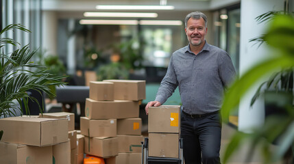 Man with cart transporting boxes in modern office space with greenery