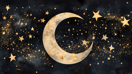 Naklejka premium Golden crescent moon and stars night. Astral Luster. Illustration