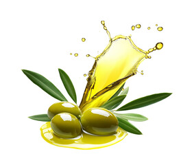 Green olives with twigs in olive oil splashes isolated on transparent background.
