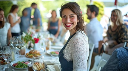 Friends gather as happy woman enjoys party at garden table filled with food and drinks in sunny afternoon