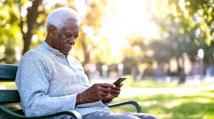 Fototapeta premium Senior man enjoys nature while using a smartphone in a park
