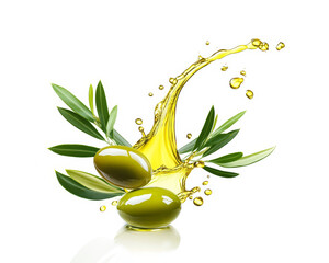 Green olives with twigs in olive oil splashes isolated on white background.