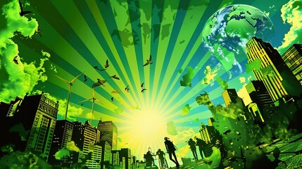 Dynamic vector illustration depicting Earth Day celebrations in a sunlit town square with artistic representations of solar energy wind turbines and community tree planting events