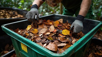 Kid actively collecting leaves and putting them into yard waste bin during autumn cleanup in the garden
