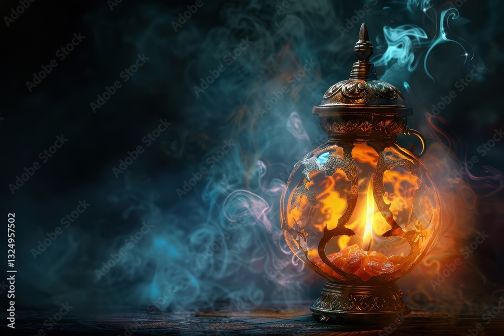 Poster colorful lantern emits warm glow in a mystical setting with swirling smoke and shimmering lights at 