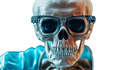 A strikingly detailed skeleton dons surgical attire complete with glasses, showcasing the fascinating intersection of medicine and morbid imagery for Halloween-themed art.