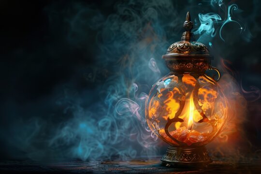Colorful lantern emits warm glow in a mystical setting with swirling smoke and shimmering lights at nighttime - Powered by Adobe