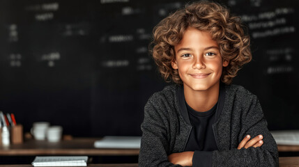 Young student smiling confidently, ready for school with a bright attitude and neat appearance on a crisp morning