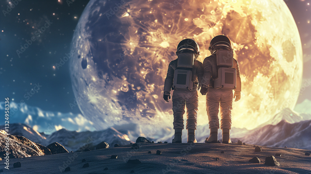 Poster this two astronauts stand hand in hand, admiring a large moon over a surreal landscape in space.
