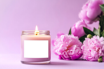 A candle in a jar with blank mockup label on the table decorated with spring peonies