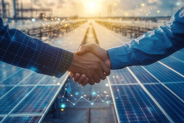 Engineers shaking hands over photovoltaic solar panels, closing a deal on renewable energy