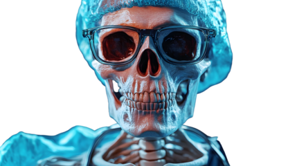 A strikingly detailed skeleton dons surgical attire complete with glasses, showcasing the fascinating intersection of medicine and morbid imagery for Halloween-themed art.