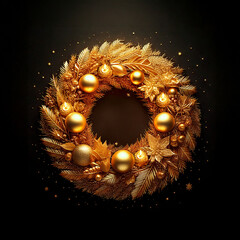 Golden Christmas Advent Wreath decoration on dark  background with many decorative branches, decorations, stars and four candles.