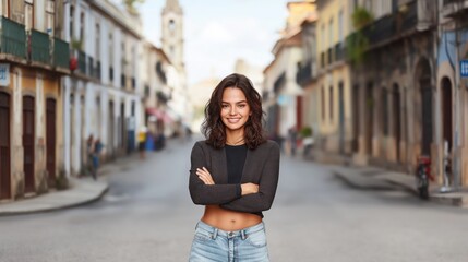 Fototapeta premium Portrait of a woman in a colorful street with charming architecture on a sunny day, showcasing local culture and vibrancy