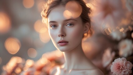 Fototapeta premium Portrait of a Young Woman With Blonde Hair Surrounded by Colorful Flowers in a Vibrant Garden Setting