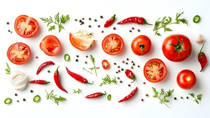 Tomatoes Peppers Herbs Isolated on White Background