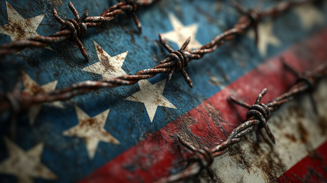 barbed wire and detail of american flag