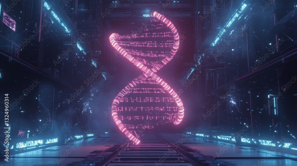 Poster a glowing dna double helix made of vibrant pink light stands prominent in a high-tech digital space.