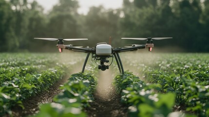 Drone applies fertilizer over a lush green field in the early morning sunlight
