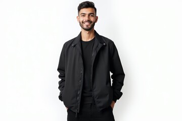 Fototapeta premium Half-Length (Waist-Up) portrait of young stylish smiling Iranian male model in goth wear isolated on pure white background looking at camera