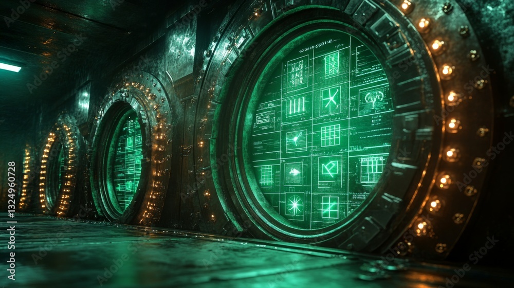 Poster In a dimly lit corridor, circular windows reveal glowing green displays with complex data. The high-tech environment suggests advanced technology and exploration.