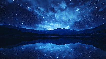 Naklejka premium A double exposure of a landscape and a starry sky in deep blue tones with copy space is shown. Astral Luster. Illustration