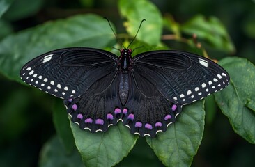 Black butterfly with purple spots resting on green leaves displays its open wings in a nature photography scene