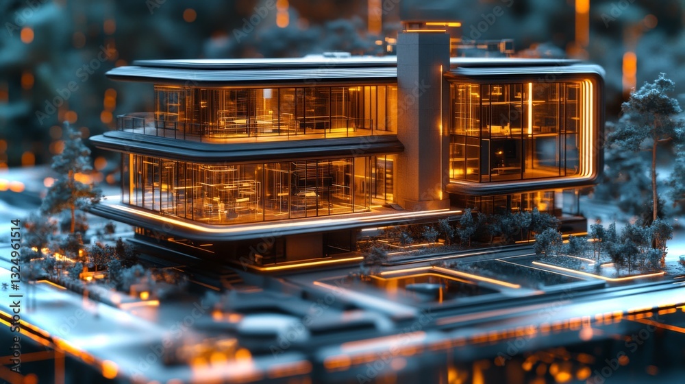 Poster an architectural marvel showcases a contemporary glass building with glowing accents, surrounded by 