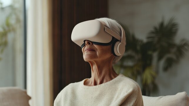Elderly woman explores virtual reality in a cozy indoor setting with a headset