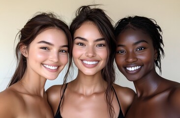 Diverse women with light skin, medium skin, and dark skin are smiling together, showcasing beauty on a plain background