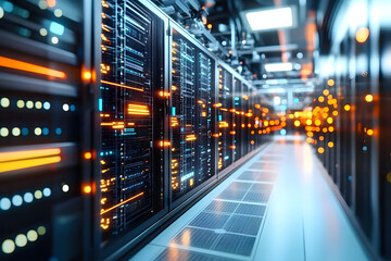 Fototapeta premium A modern data center featuring several rows of high-tech server racks with various blinking lights, network cables, and cooling ducts in a well-lit environment.