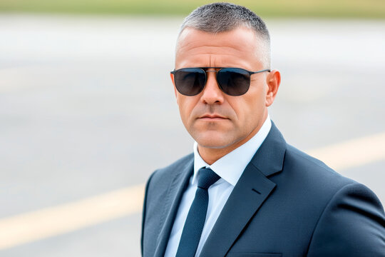 Portrait of a middle-aged bodyguard in a suit in sunlight. Bodyguard wearing sunglasses standing on a runway.