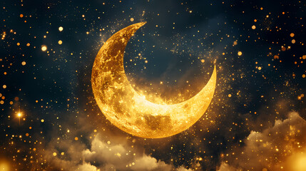 Naklejka premium Celestial night: golden crescent moon and sparkling stars. Astral Luster. Illustration