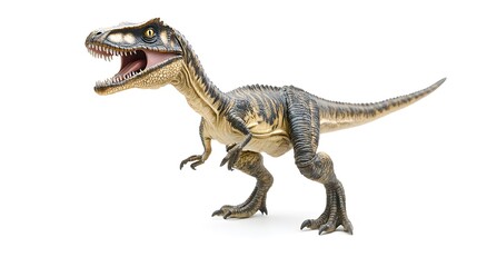 Fototapeta premium Suchomimus standing still with its long neck and tail visible, placed on a simple soft white background