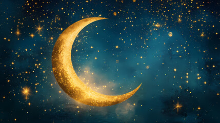 Fototapeta premium Celestial night: golden crescent moon and sparkling stars. Astral Luster. Illustration