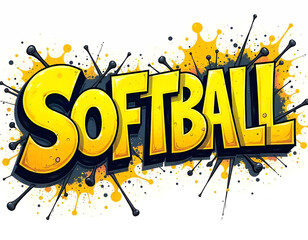 Retro Softball lettering design with ball, graffiti style sport text design, Pop art Softball wording on red background art