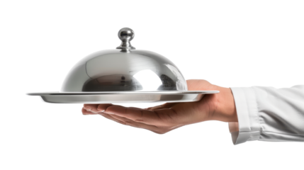 Waiter holding covered silver platter on transparent background