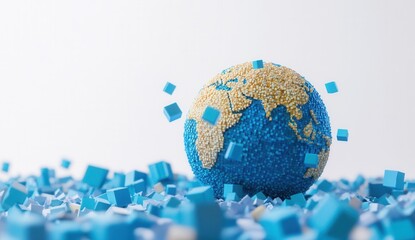 Digital earth globe surrounded by floating digital blocks on white background