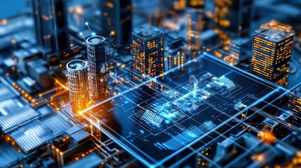 Obraz premium Urban cityscapes futuristic tech for smart power grid management